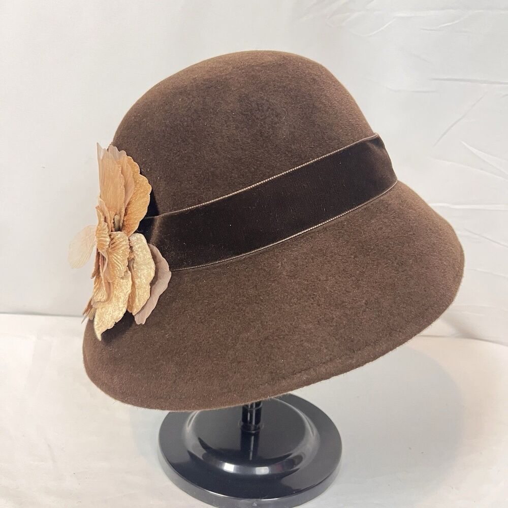 Frank Olive Brown Wool Cloche Hat Floral Accent Vintage Womens Dress Cap